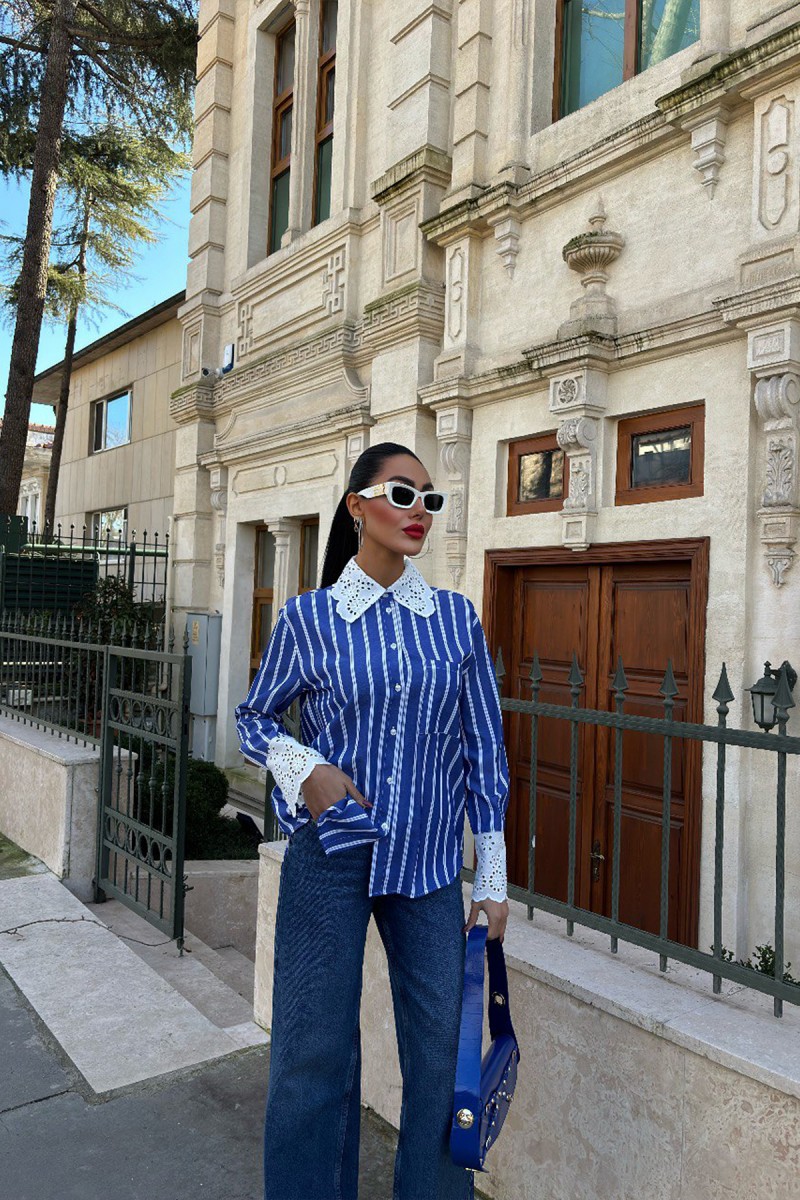 Kadın Gömlek - Çizgili - Aria - Mavi