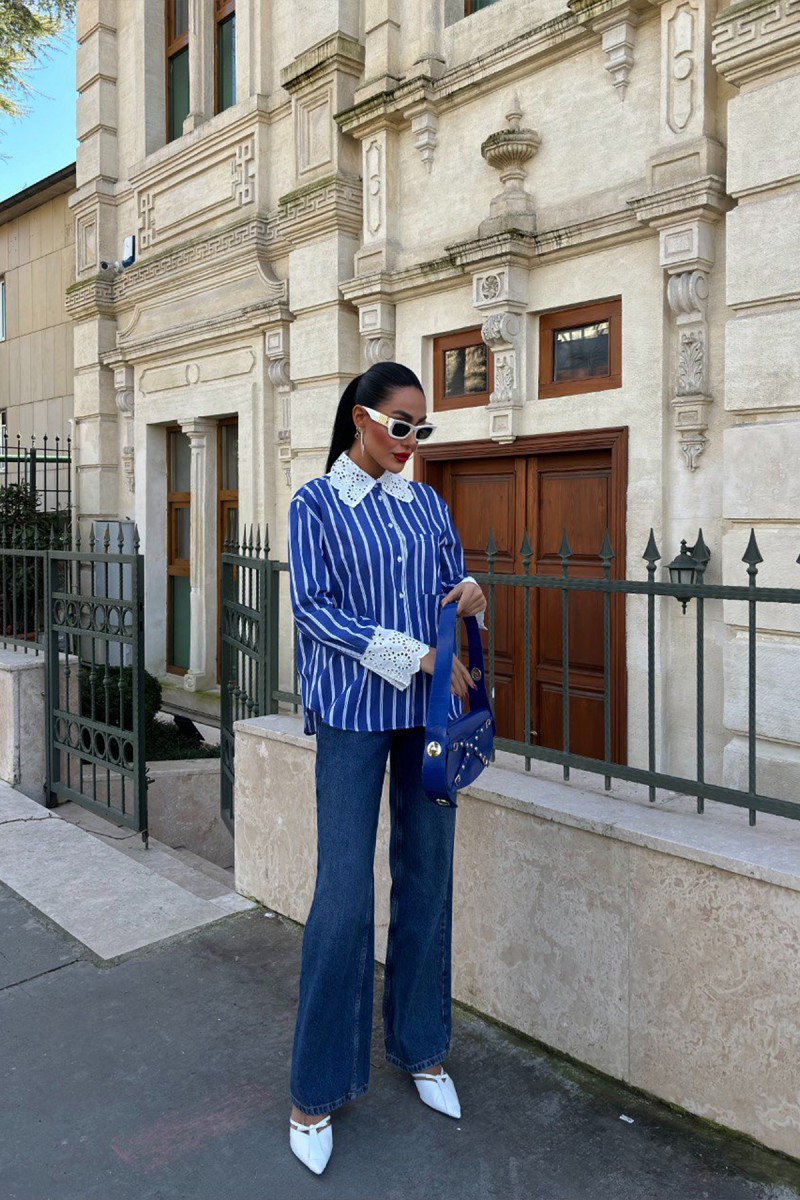 Kadın Gömlek - Çizgili - Aria - Mavi