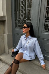 Kadın Gömlek - Kedi Nakışlı - Kate - Mavi