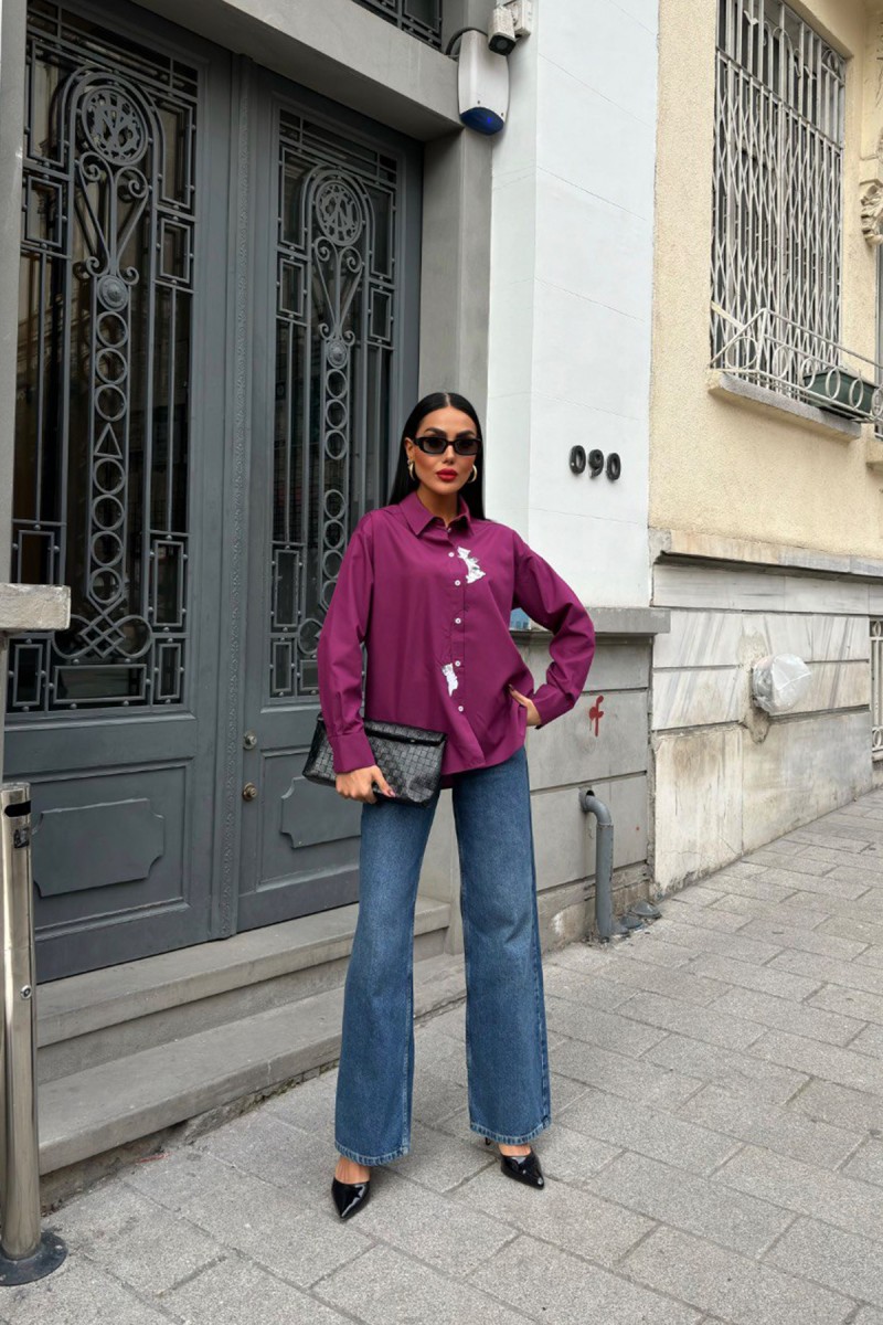 Kadın Gömlek - Kedi Nakışlı - Kate - Pembe