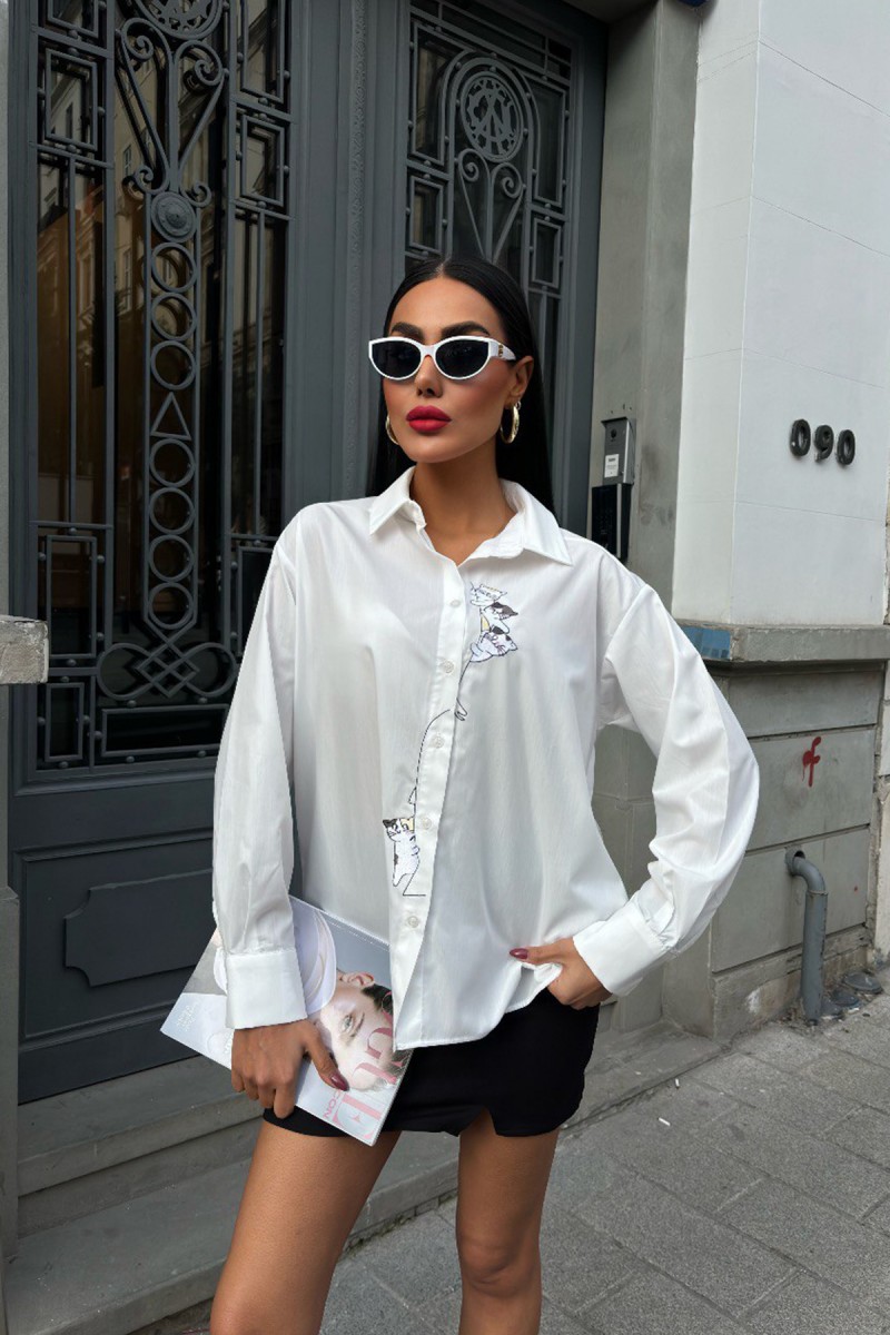 Kadın Gömlek - Kedi Nakışlı - Kate - Beyaz