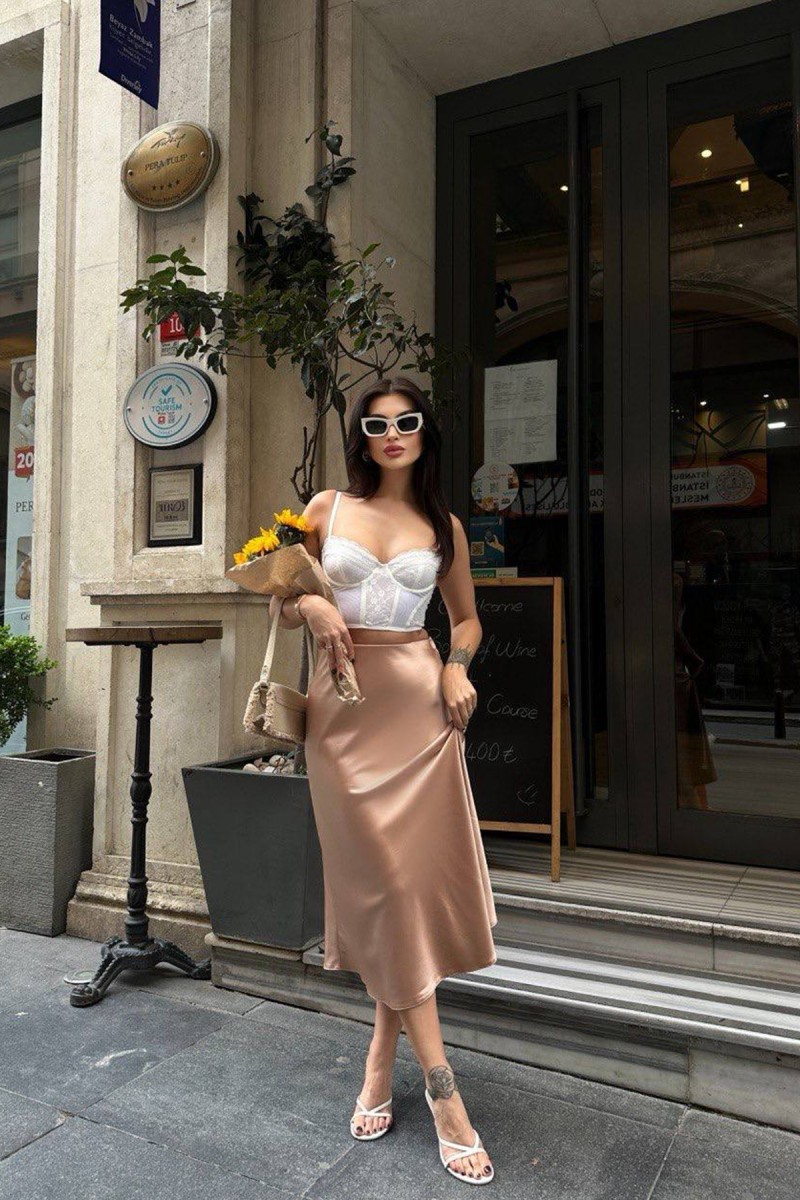 Kadın Etek - Saten - Sofia - Krem