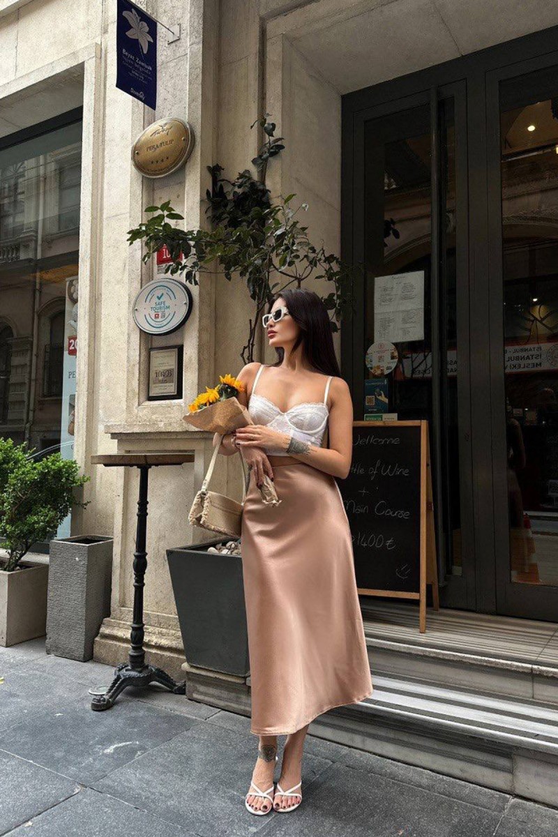 Kadın Etek - Saten - Sofia - Krem