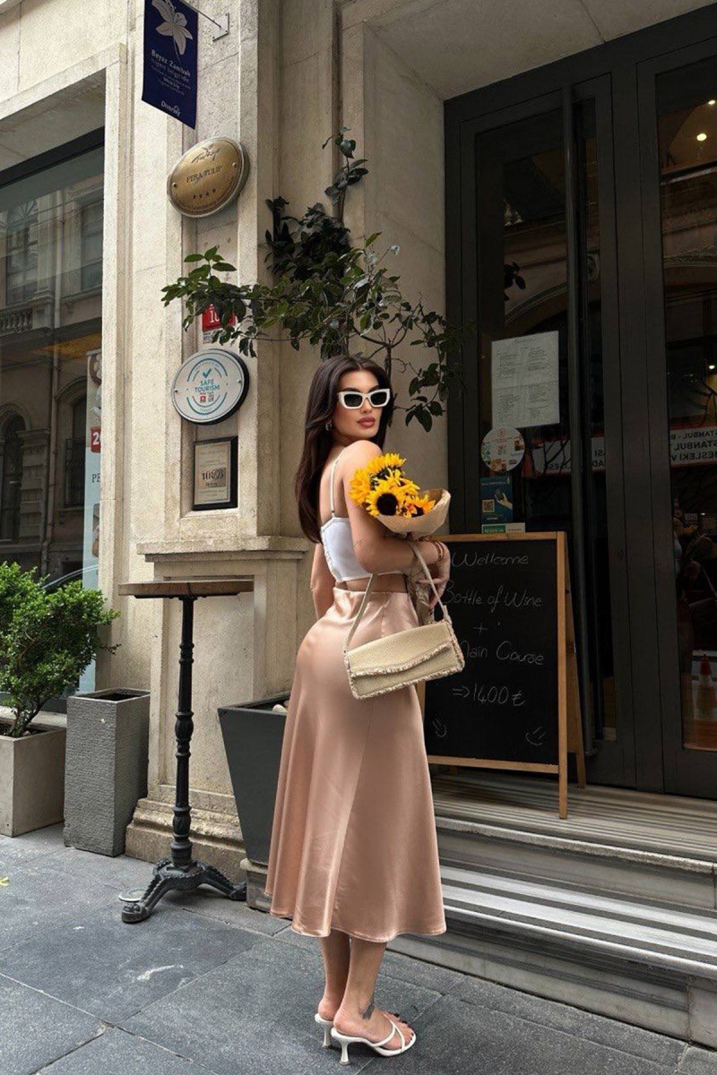 Kadın Etek - Saten - Sofia - Krem