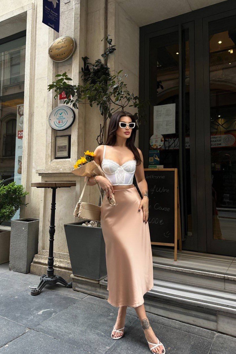 Kadın Etek - Saten - Sofia - Krem