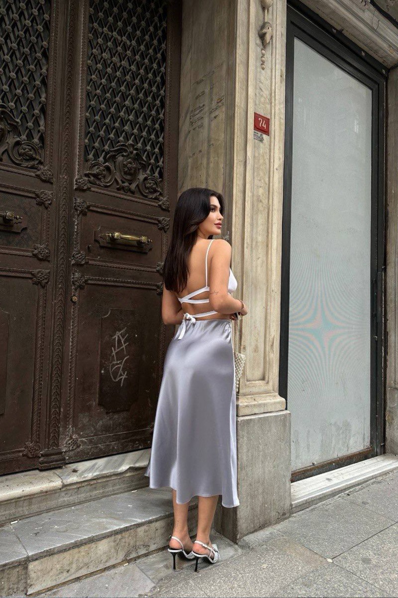 Kadın Etek - Saten - Sofia - Gri