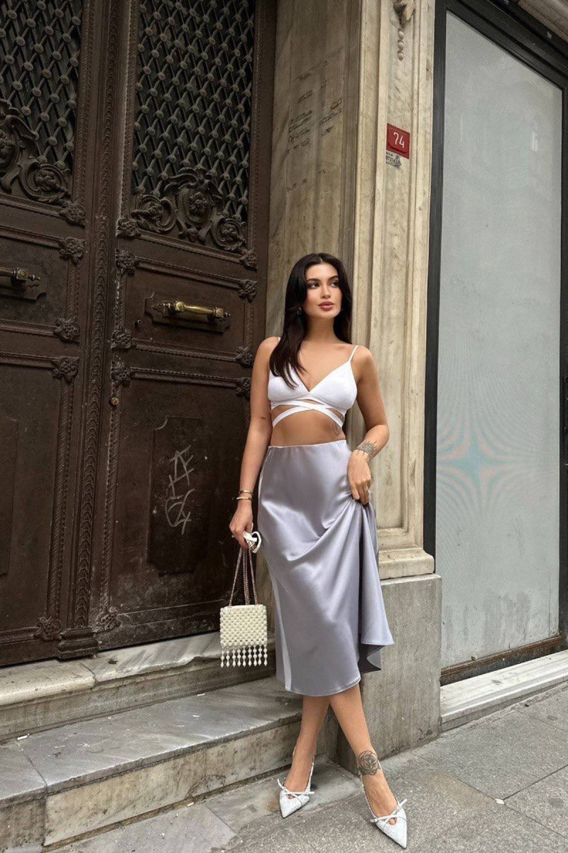 Kadın Etek - Saten - Sofia - Gri