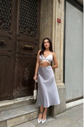 Kadın Etek - Saten - Sofia - Gri