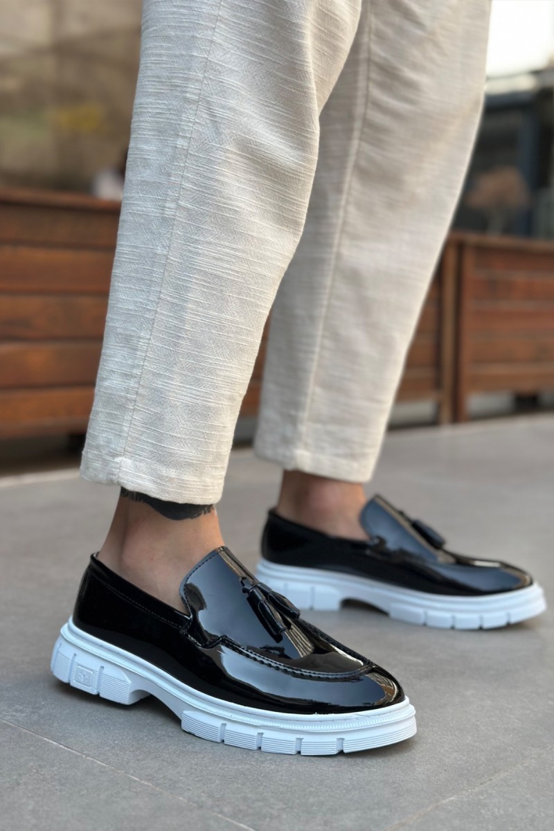 Mens Loafer - Black White Patent Leather - 0240