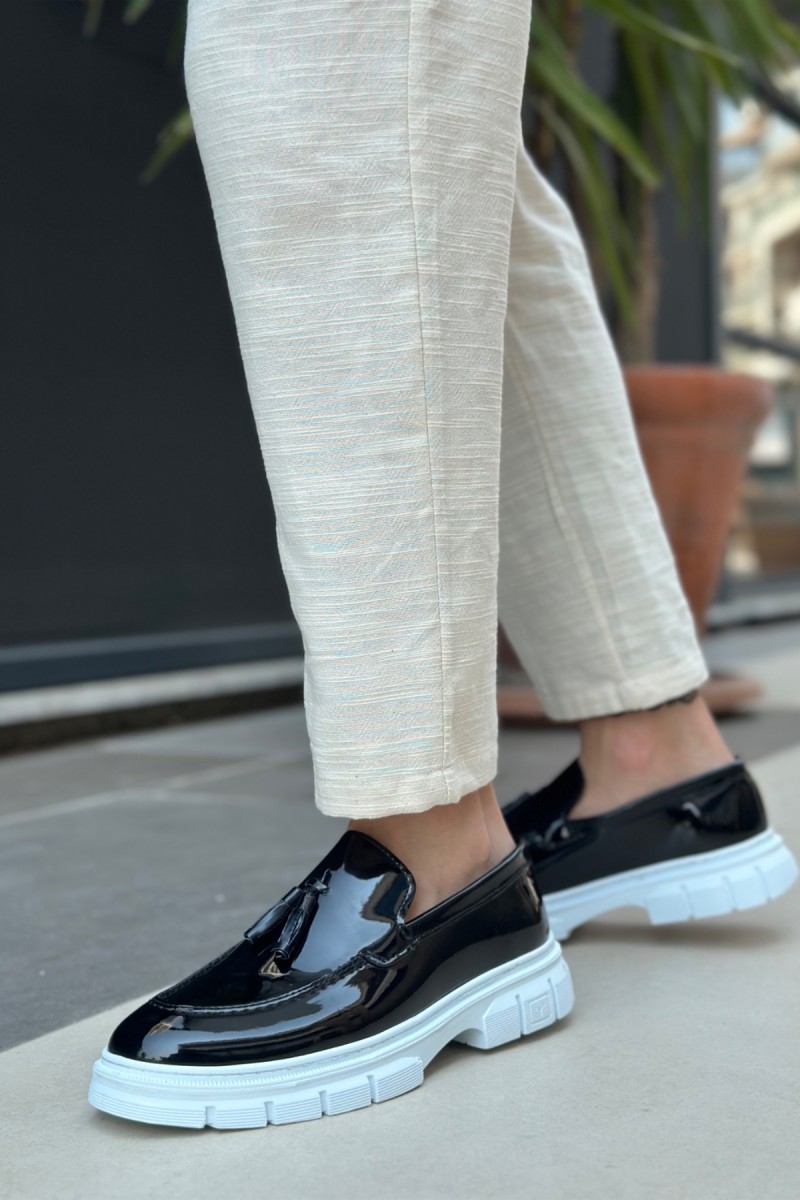 Mens Loafer - Black White Patent Leather - 0240