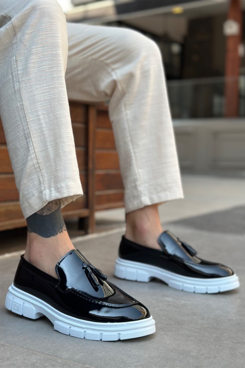 Mens Loafer - Black White Patent Leather - 0240