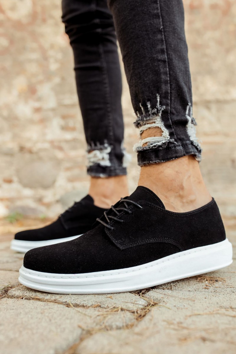 Mens Classic Shoes - Black White Suede - 003