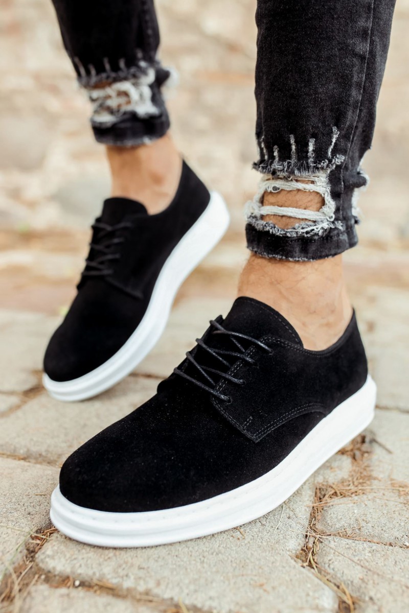 Mens Classic Shoes - Black White Suede - 003