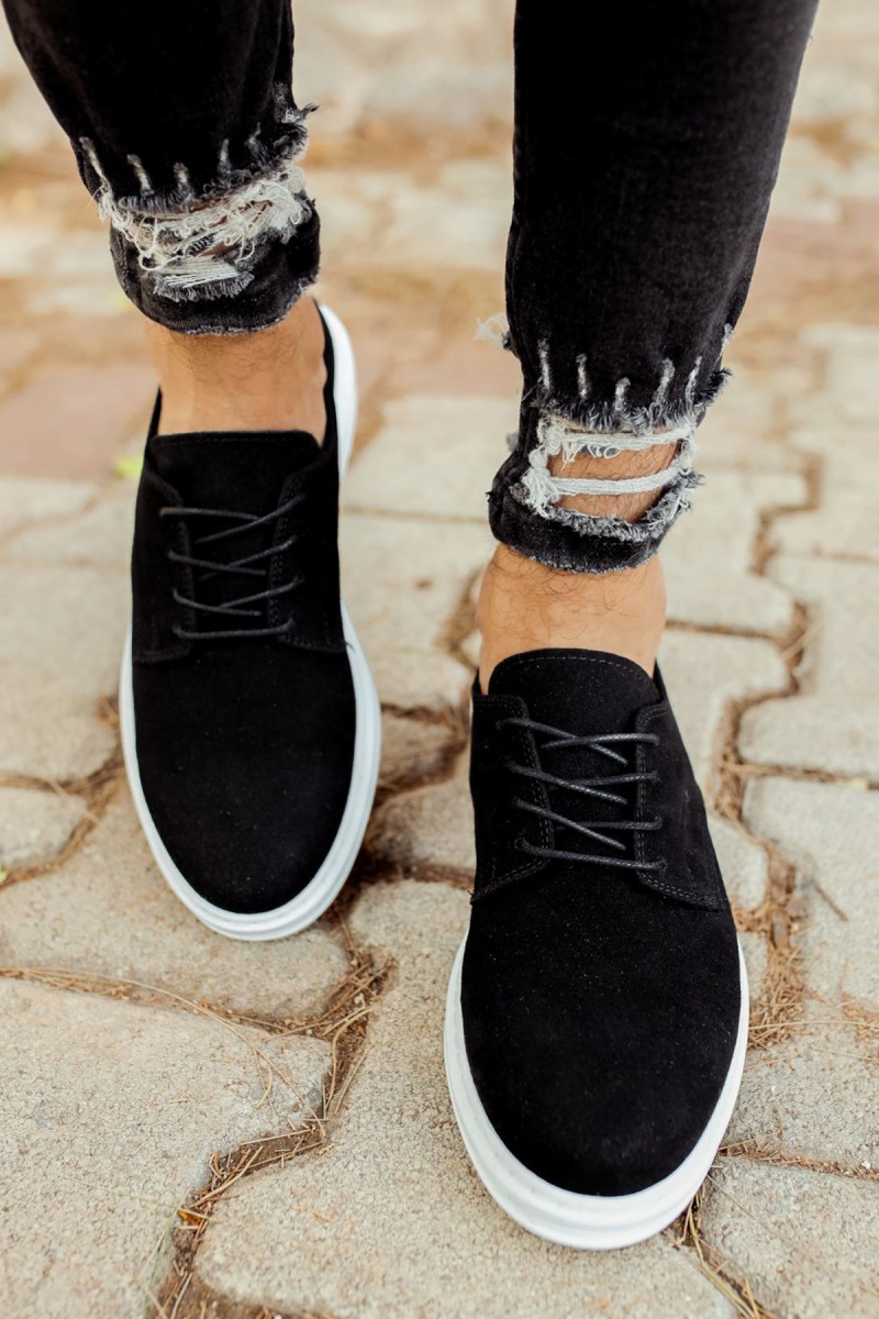 Mens Classic Shoes - Black White Suede - 003