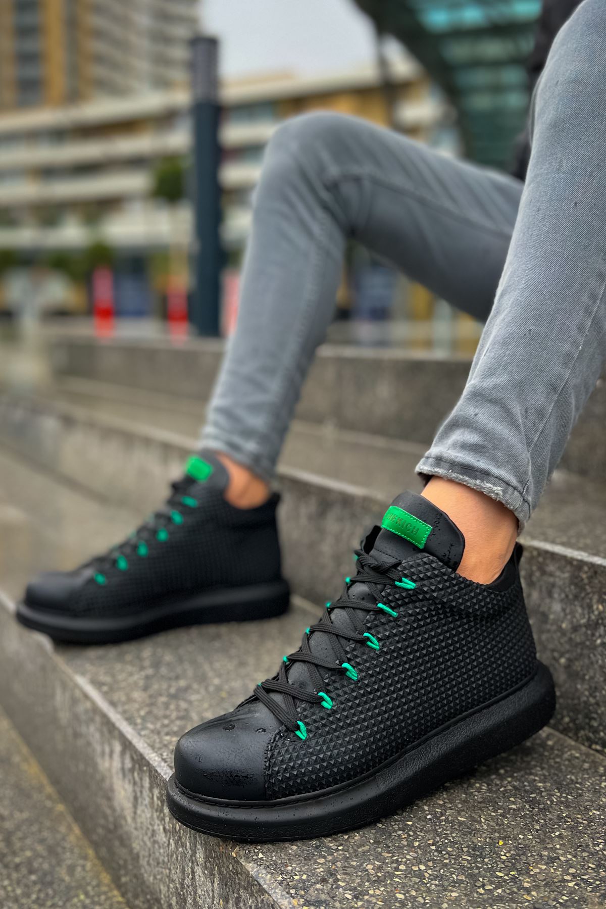 Erkek Bilekli Sneaker - Siyah Yeşil - 111