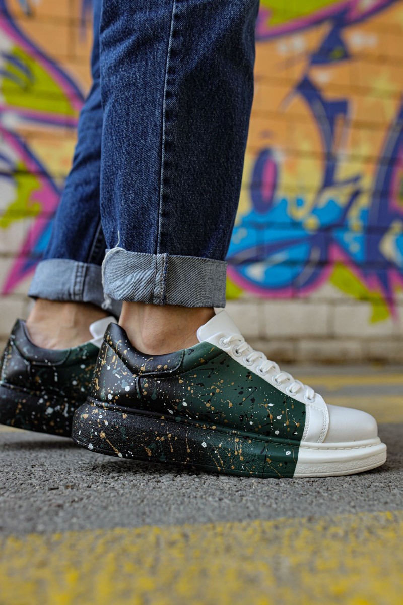 Erkek Sneaker - Beyaz Yeşil Siyah Boyalı - 254