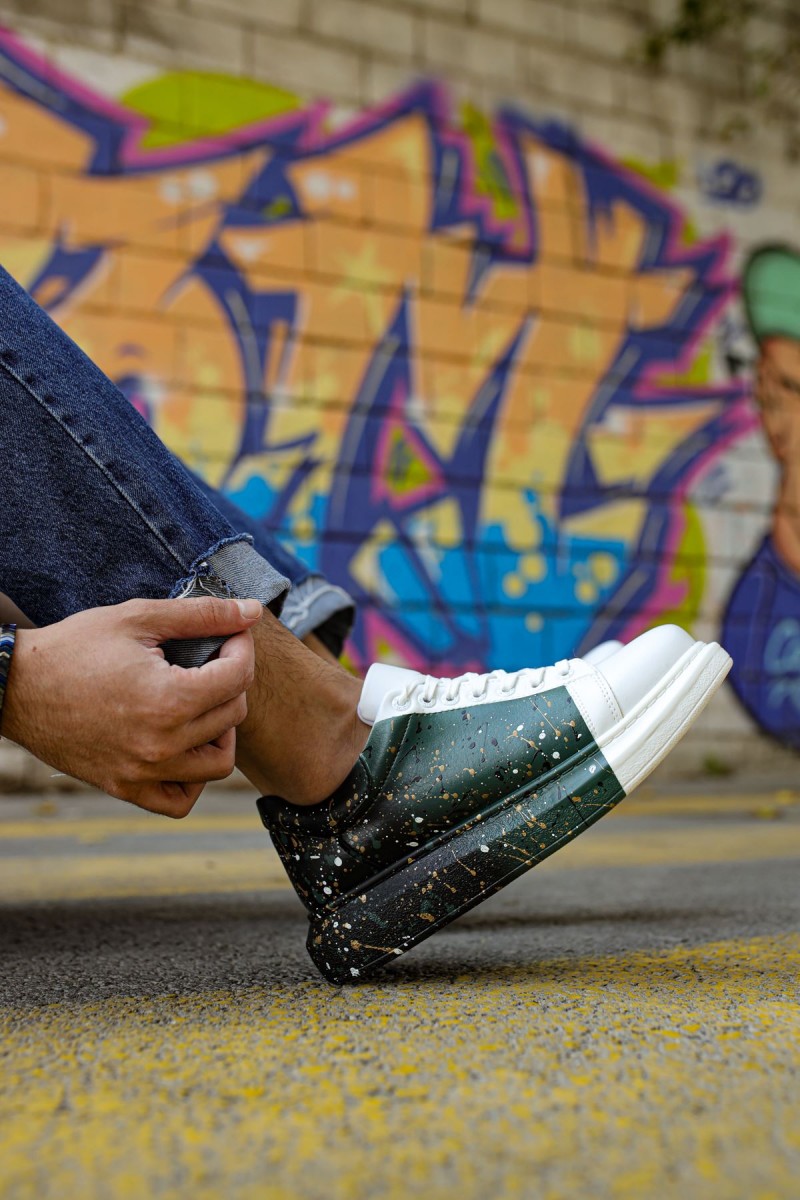 Erkek Sneaker - Beyaz Yeşil Siyah Boyalı - 254