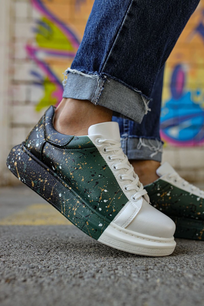 Erkek Sneaker - Beyaz Yeşil Siyah Boyalı - 254
