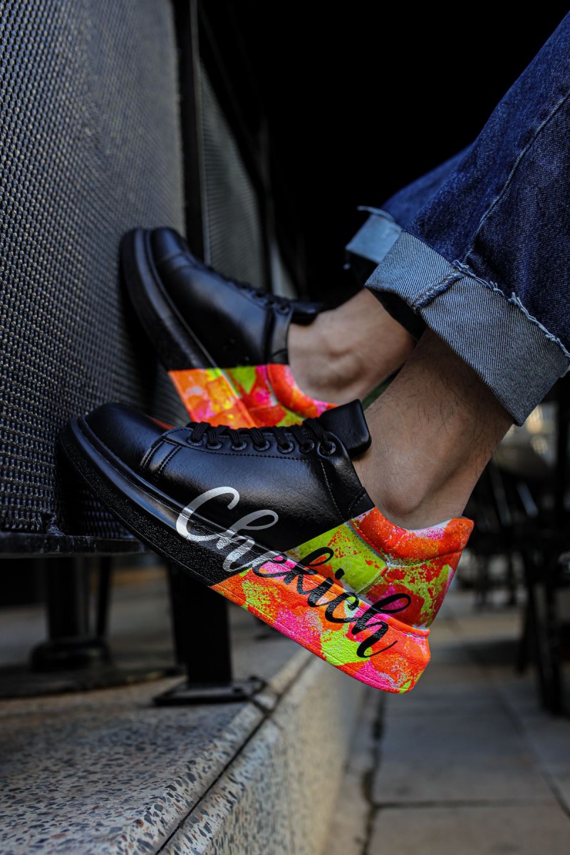 Erkek Sneaker - Siyah Kırmızı Sarı Boyalı - 254