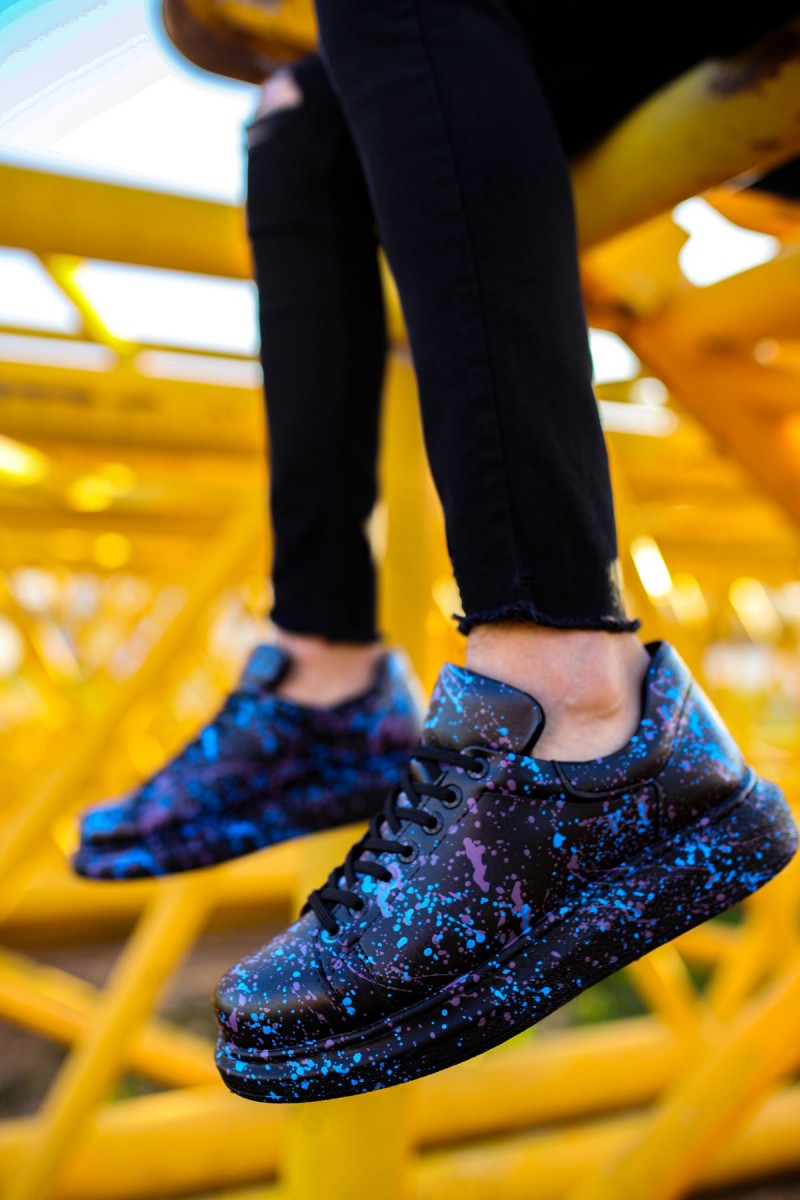 Erkek Sneaker - Beyaz Mavi Siyah Boyalı - 254