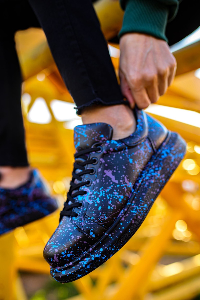 Erkek Sneaker - Beyaz Mavi Siyah Boyalı - 254