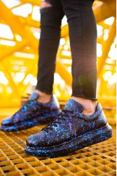 Erkek Sneaker - Beyaz Mavi Siyah Boyalı - 254