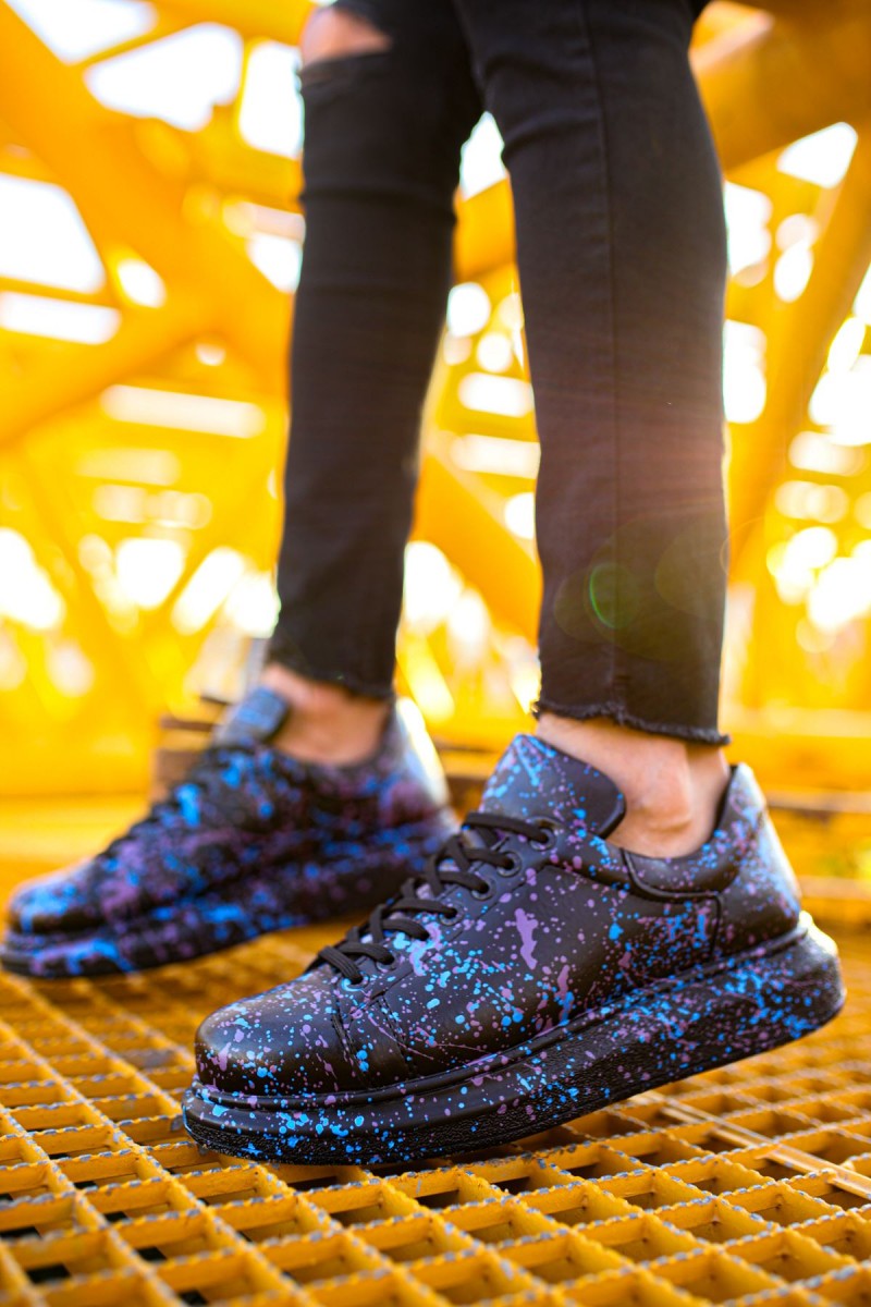 Erkek Sneaker - Beyaz Mavi Siyah Boyalı - 254