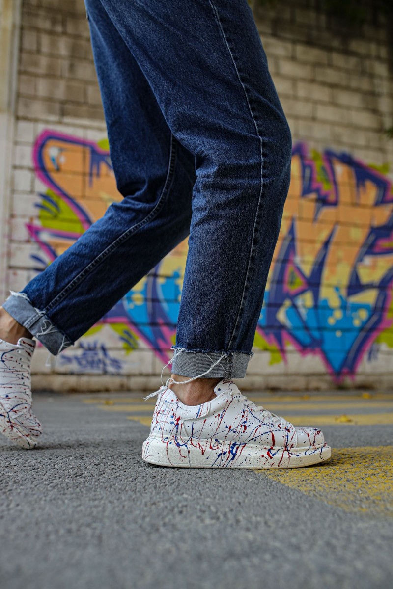 Mens Sneakers - Blue Red Painted - 254