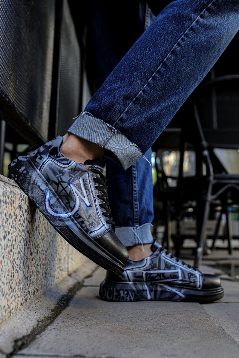 Erkek Sneaker - Mavi Beyaz Grafiti Boyalı - 254