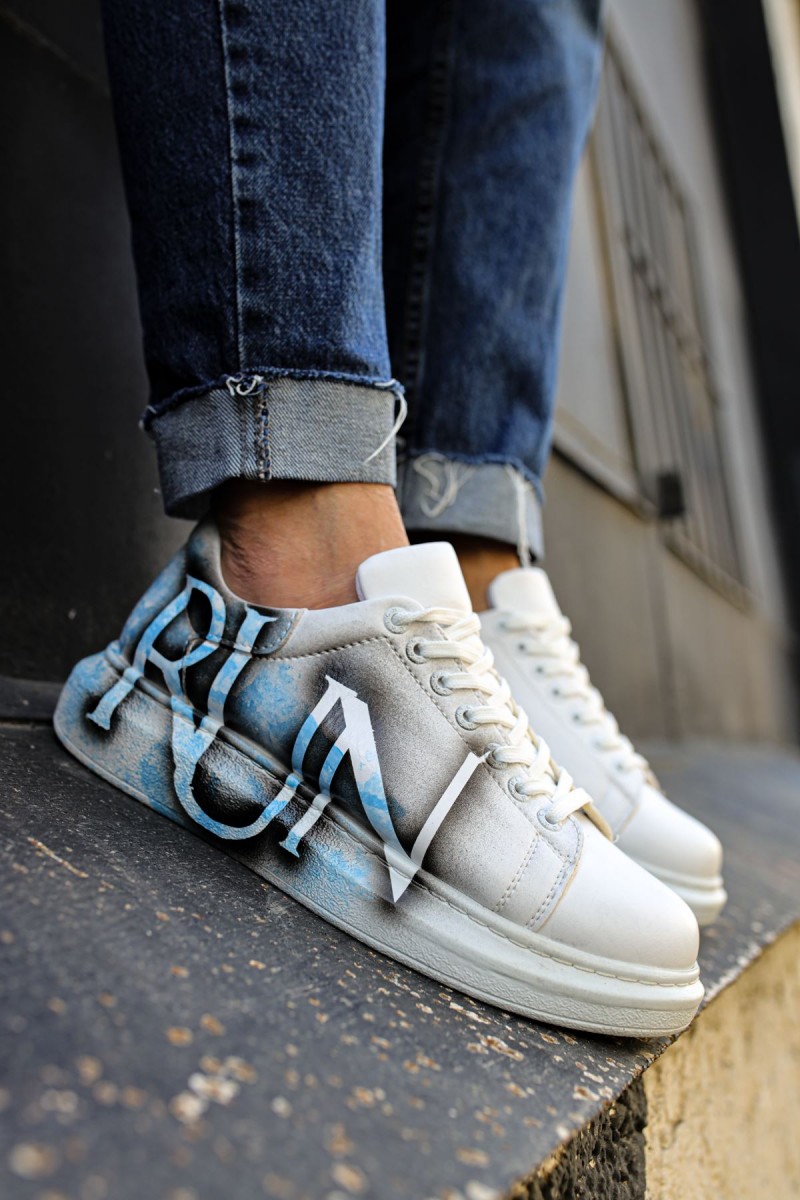 Erkek Sneaker - Mavi Beyaz Run Boyalı - 254