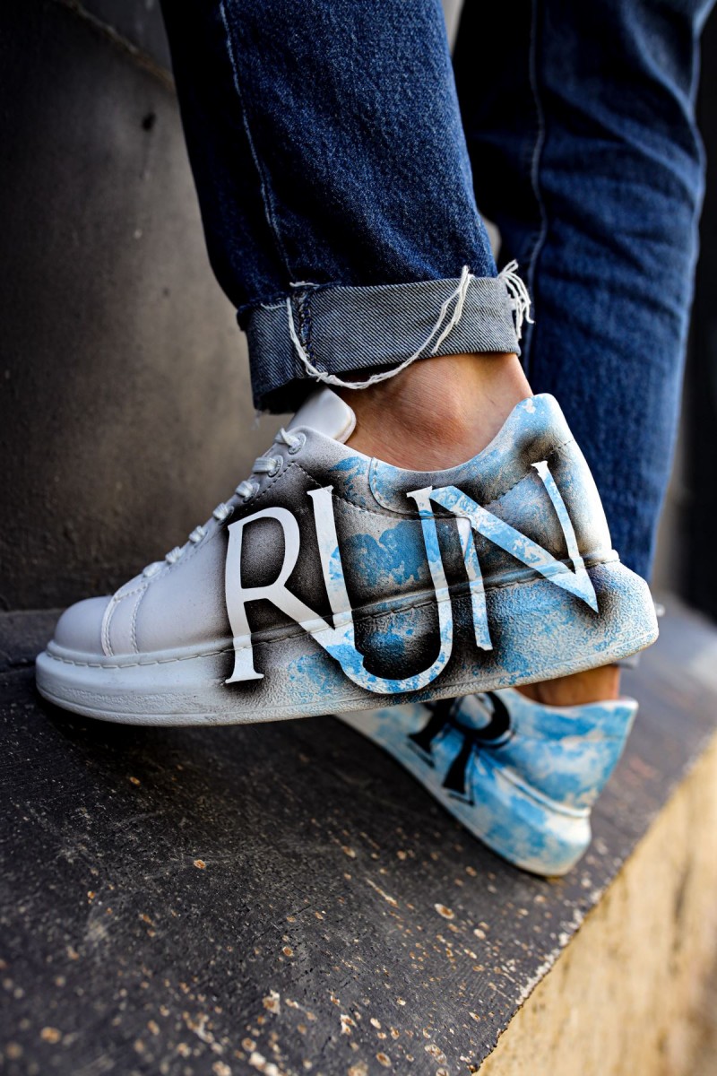 Erkek Sneaker - Mavi Beyaz Run Boyalı - 254
