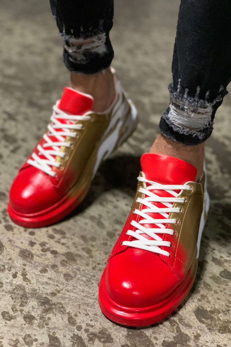 Mens Sneakers - Red Gold White Painted - 254