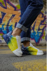 Erkek Sneaker - Sarı Lacivert Beyaz Boyalı - 254