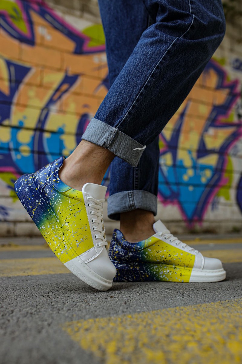 Erkek Sneaker - Sarı Lacivert Beyaz Boyalı - 254