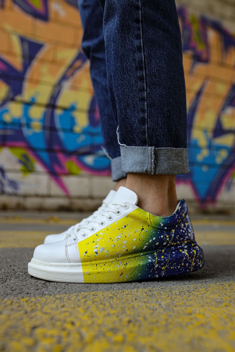 Erkek Sneaker - Sarı Lacivert Beyaz Boyalı - 254