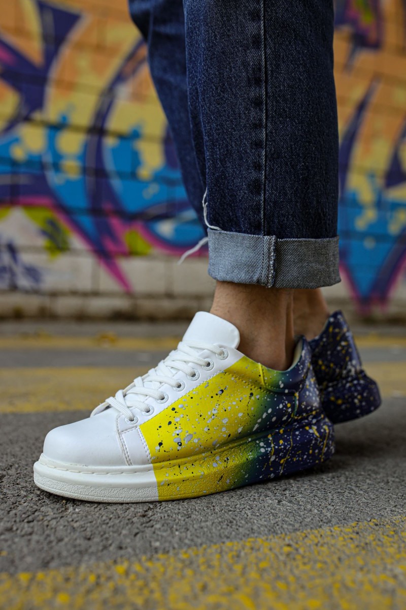 Erkek Sneaker - Sarı Lacivert Beyaz Boyalı - 254
