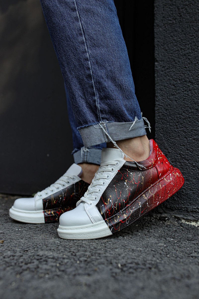 Erkek Sneaker - Siyah Kırmızı Beyaz Boyalı - 254