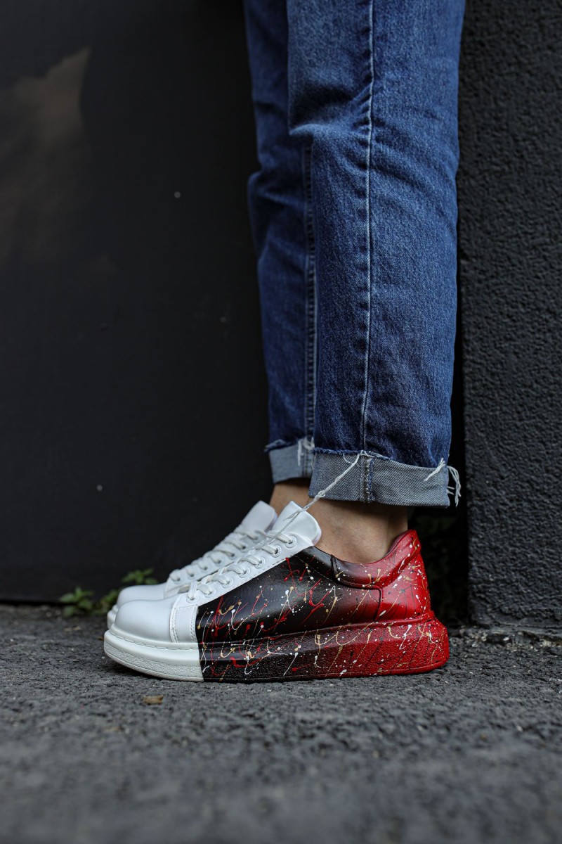 Erkek Sneaker - Siyah Kırmızı Beyaz Boyalı - 254