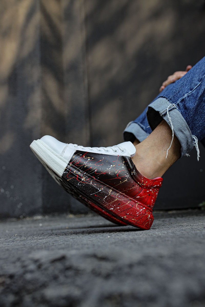 Erkek Sneaker - Siyah Kırmızı Beyaz Boyalı - 254