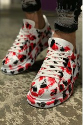 Mens Sneakers - Red Black White Painted - 254