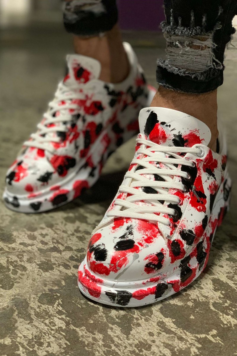 Mens Sneakers - Red Black White Painted - 254