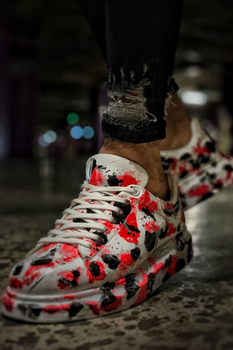 Mens Sneakers - Red Black White Painted - 254
