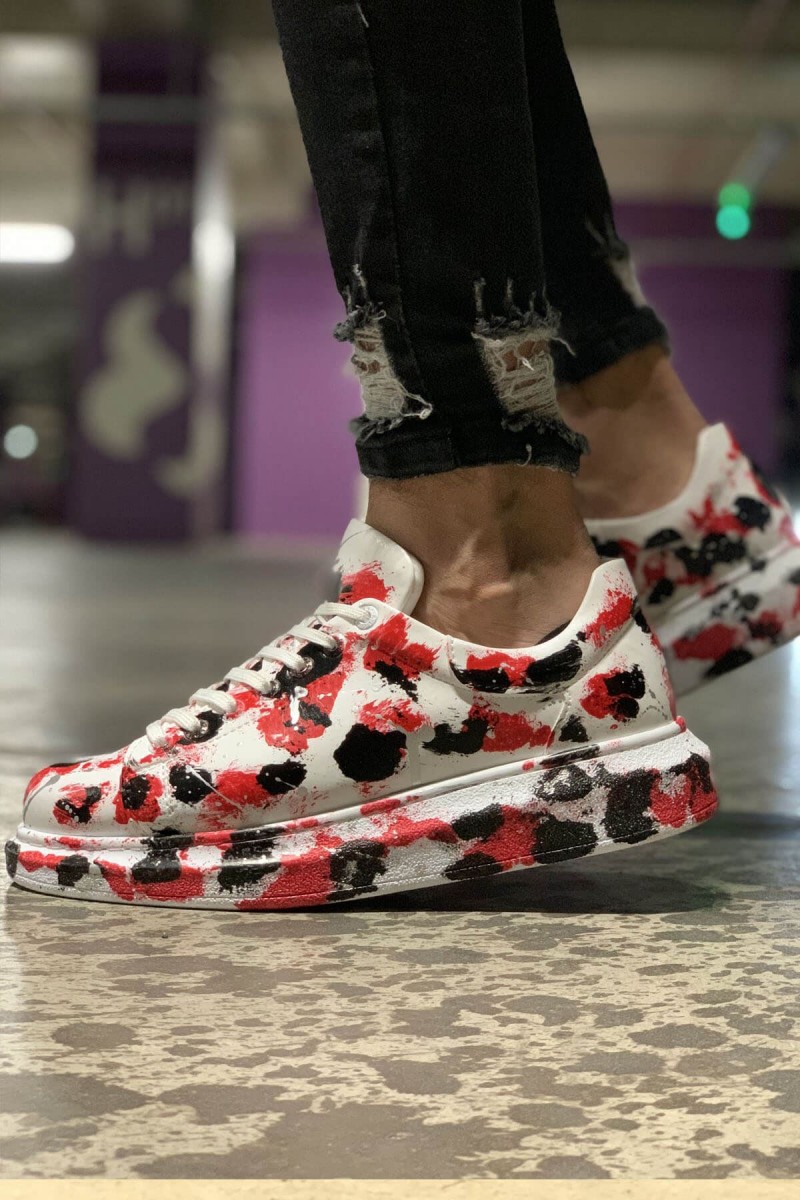 Mens Sneakers - Red Black White Painted - 254