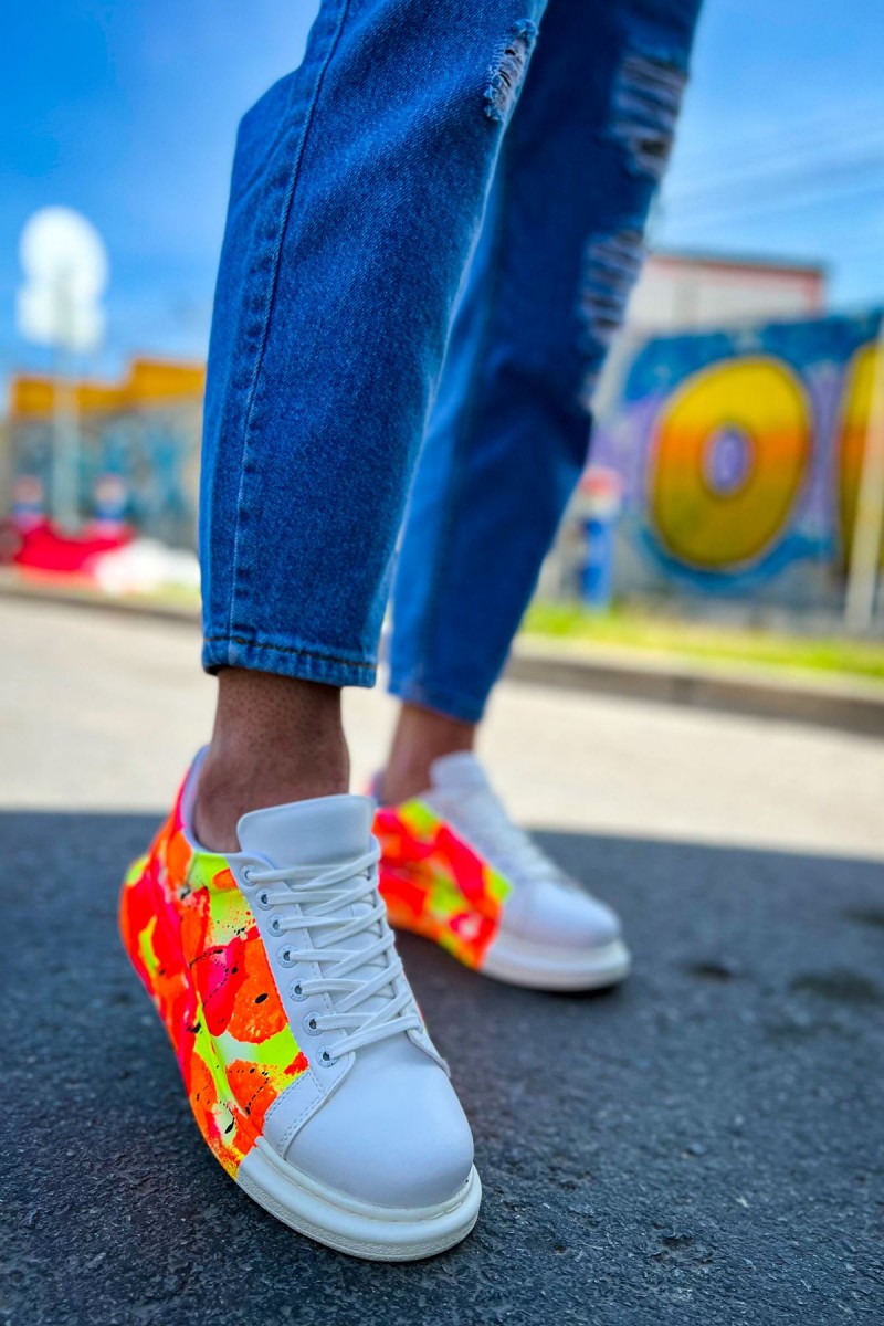 Mens Sneakers - Orange Black Painted - 254