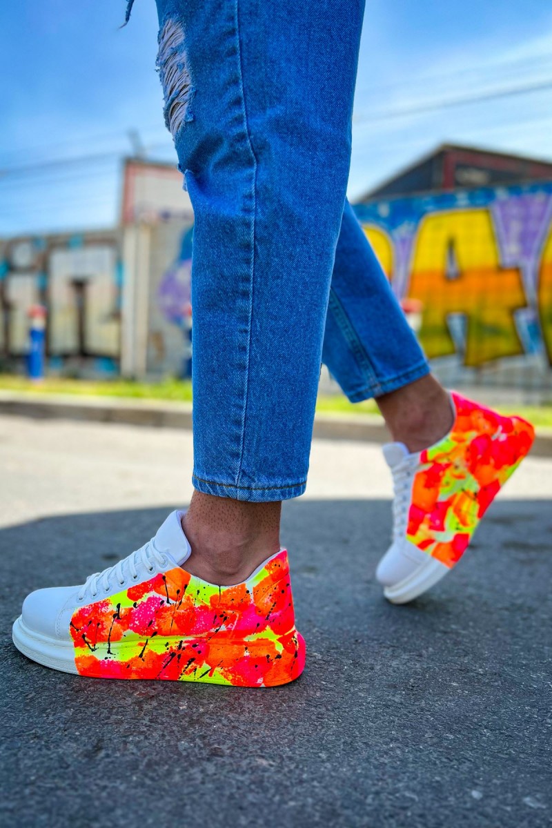 Mens Sneakers - Orange Black Painted - 254