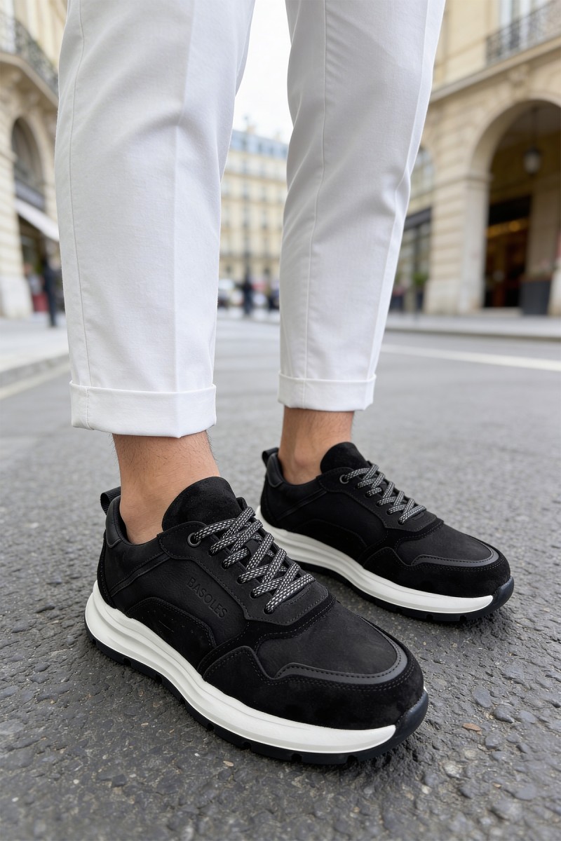 Erkek Hakiki Deri Sneaker - Siyah Beyaz - 321 