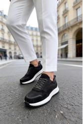 Mens Genuine Leather Sneakers - Black White - 321