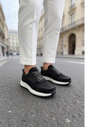 Mens Genuine Leather Sneakers - Black White - 321