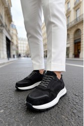 Mens Genuine Leather Sneakers - Black White - 321