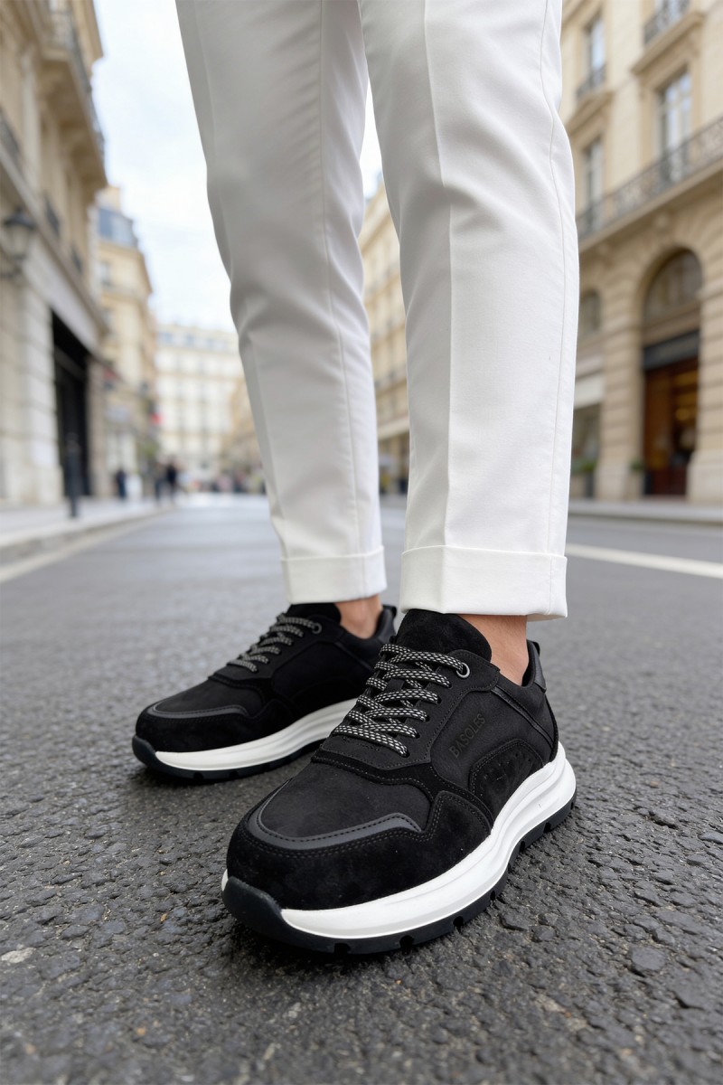 Mens Genuine Leather Sneakers - Black White - 321